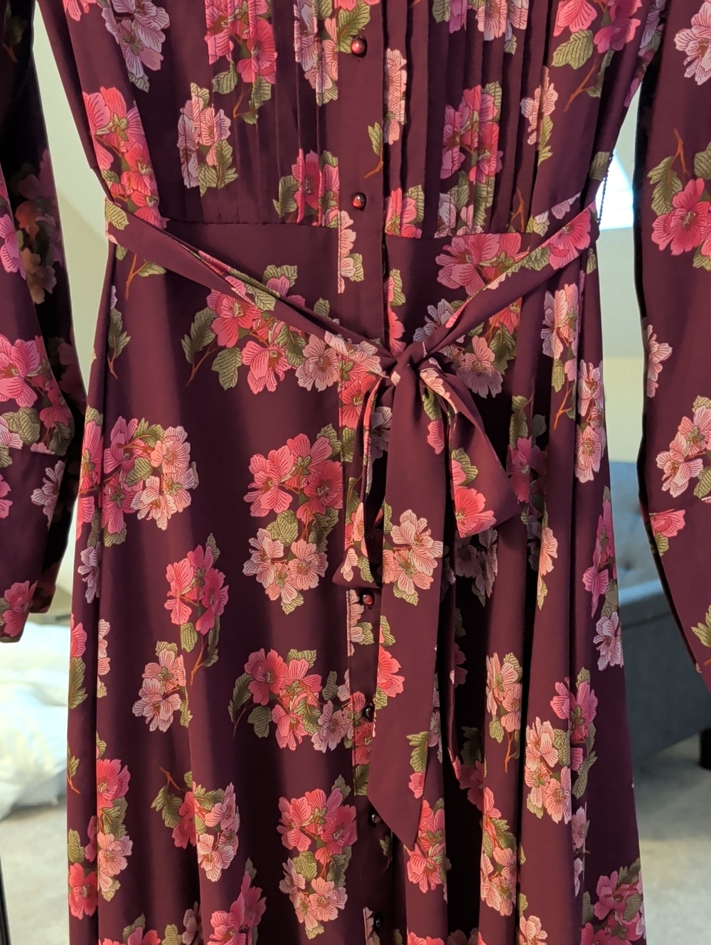 Nanette Lepore Feminine Burgundy Long-Sleeve Floral Pintucked Dress - Picture 4 of 10